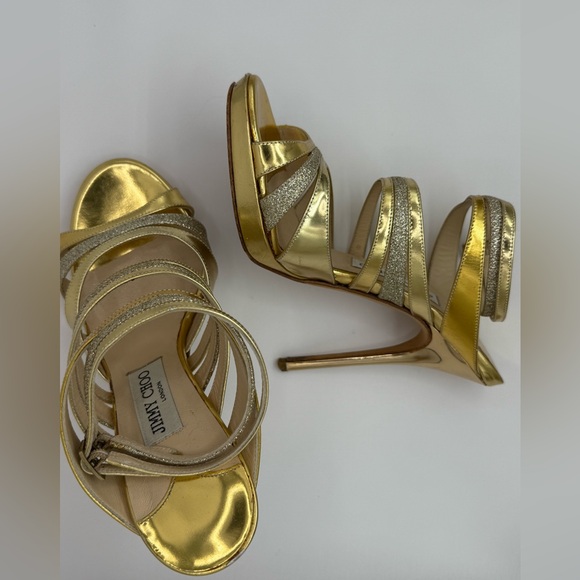 Jimmy Choo Metallic Gold Leather and Coarse Glitter Cage Open Toe Sandals - Picture 3 of 4